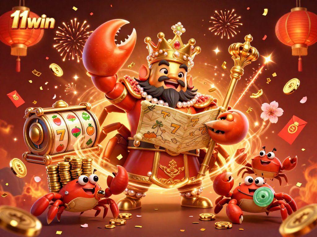 Engage in exciting slots with 11win's vibrant underwater themed gaming illustration featuring a golden crab emperor.