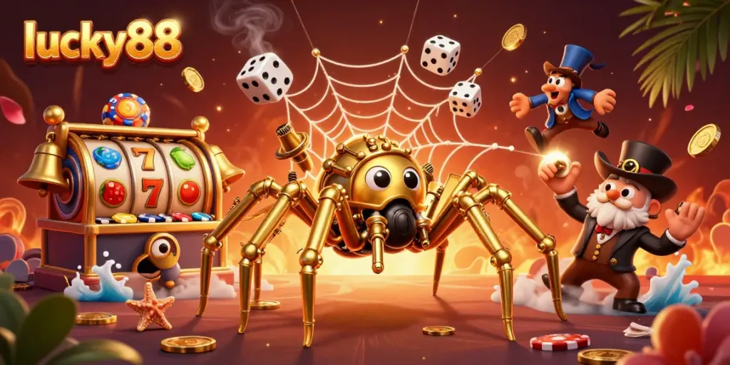 Experience the thrilling lucky88 slots with a steampunk spider and animated casino elements.
