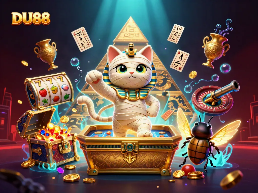 Experience thrilling wins at DU88 with a 3D Egyptian mummy cat and vibrant casino elements.
