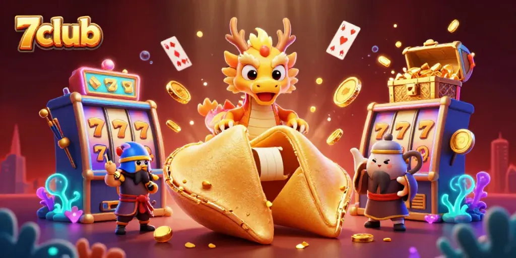 Engage in the vibrant world of 7club with a dazzling golden fortune cookie, dragon, and casino elements.