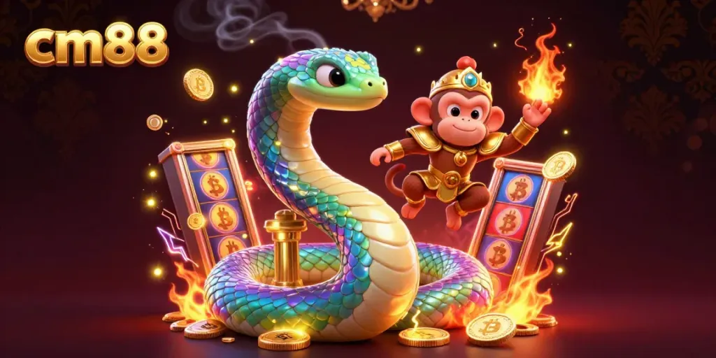 Engage with cm88's vibrant gaming atmosphere through a whimsical scene featuring a rainbow serpent and golden monkey king.