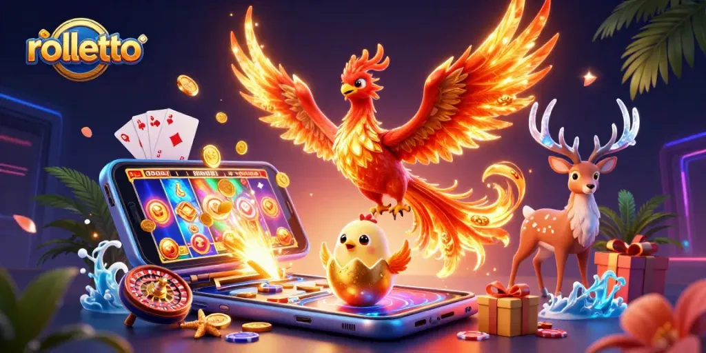 Experience rolletto's excitement with a phoenix soaring through a vibrant casino scene.