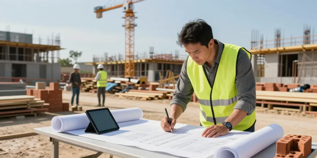 Quantity surveyor conducting cost estimation on a construction site with blueprints and digital devices.