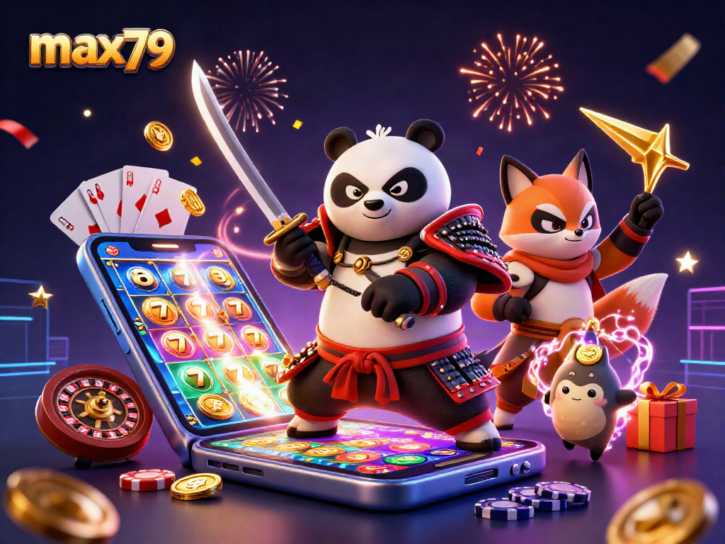 Experience max79's vibrant 3D casino action featuring samurai panda and ninja fox in an exciting game scene.