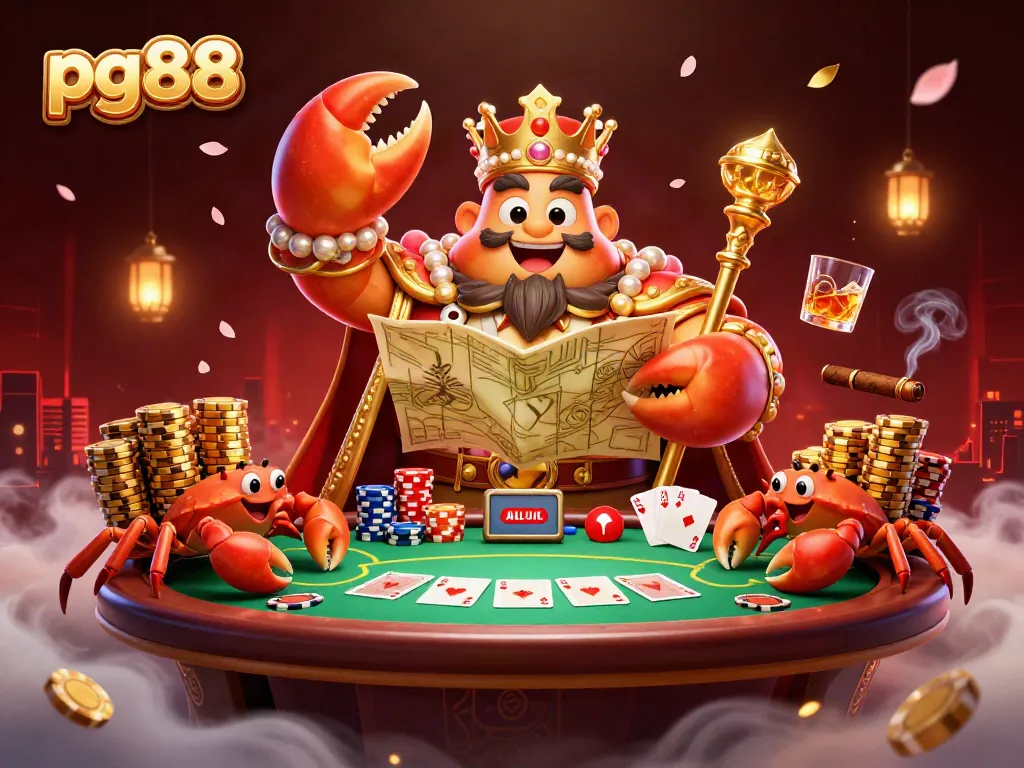 Engage in thrilling gaming with pg88 at a vibrant casino featuring a majestic crab emperor and golden chips.