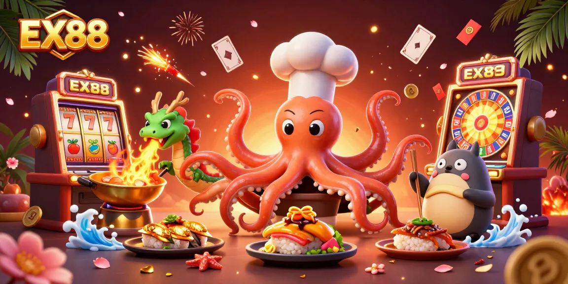 Join the excitement at EX88 with vibrant slots and casino characters in a festive digital artwork.