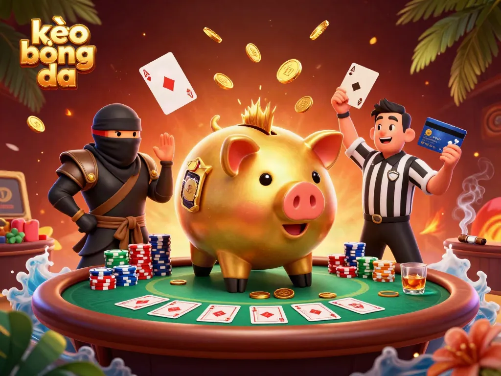 Engage in kèo bóng đá action with a dynamic scene featuring a golden piggy bank sumo wrestler and ninja.