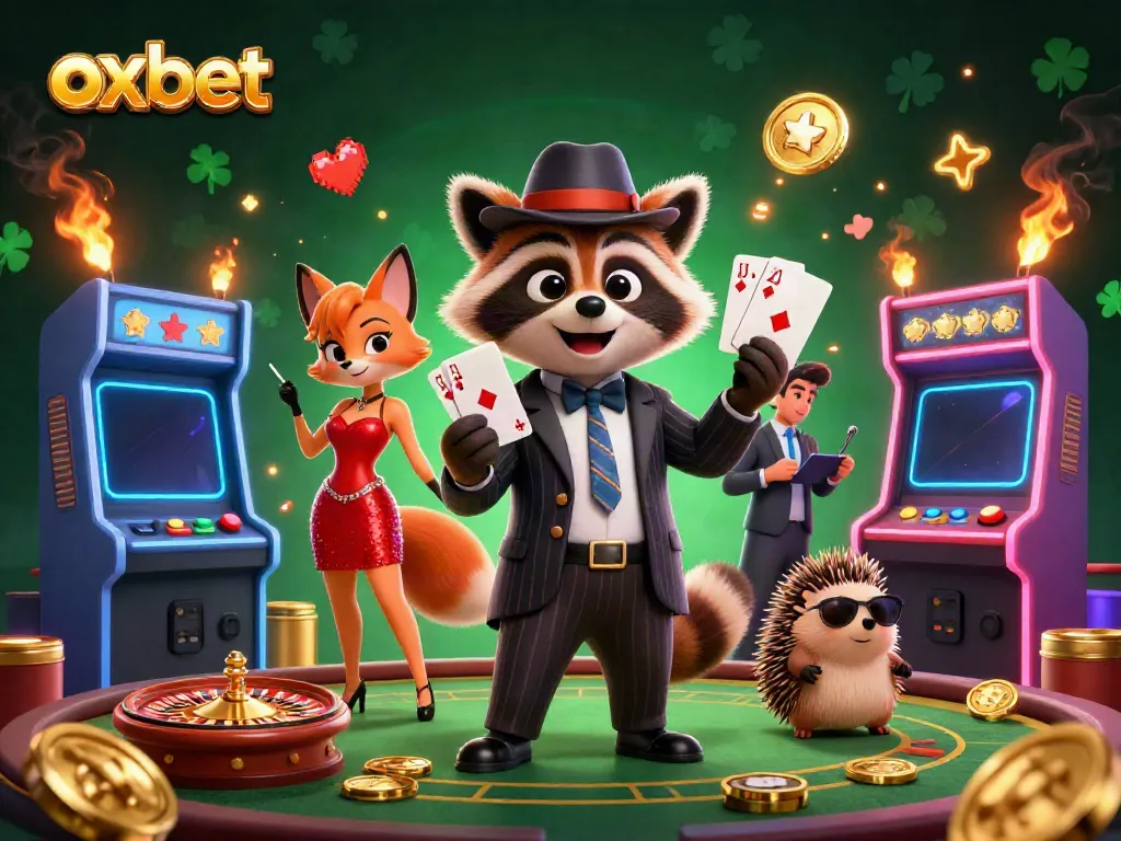 Experience excitement at Oxbet with a suave raccoon holding a royal flush in a lively casino scene.