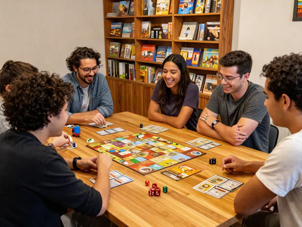 Board game enthusiasts enjoying a lively game night at meeplehaus.net, showcasing strategic gameplay and community.