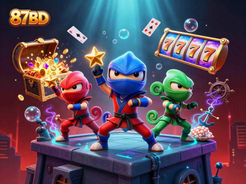 Engage in dynamic gameplay with 87BD's vibrant chameleon ninjas amidst a treasure-filled casino scene.