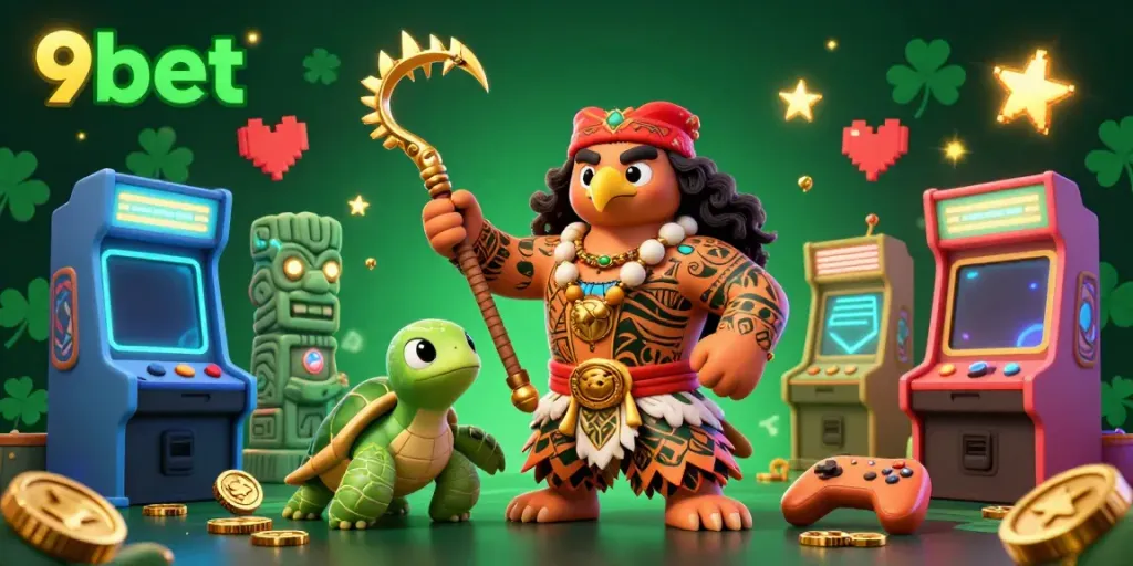 Engage with a vibrant 9bet gaming experience featuring cartoon characters and casino games.