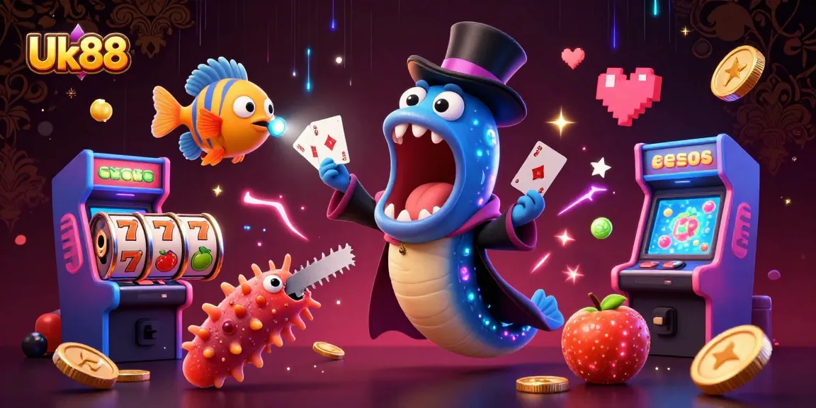 Engage with Uk88's vibrant 3D casino scene, showcasing animated gambling characters and thrilling gaming elements.