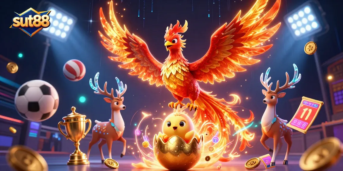 Sut88 showcases vibrant online gaming thrills with a phoenix and dynamic sports elements.