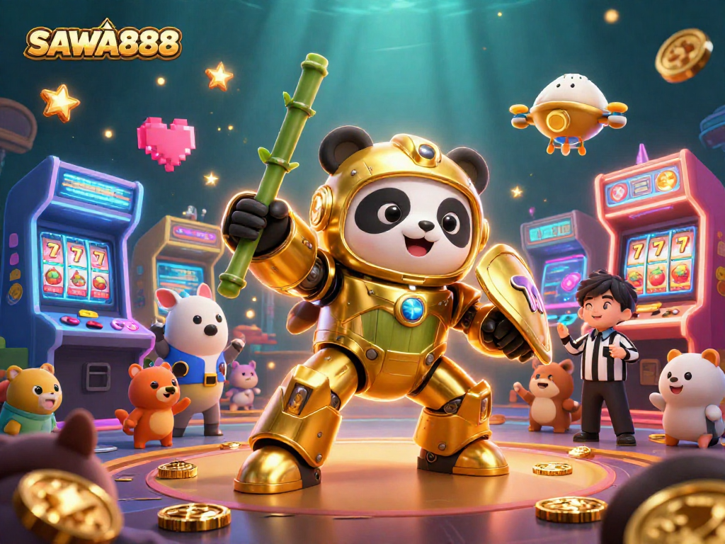 Experience the excitement of SAWA888 with vibrant casino-themed 3D graphics featuring games and robots.
