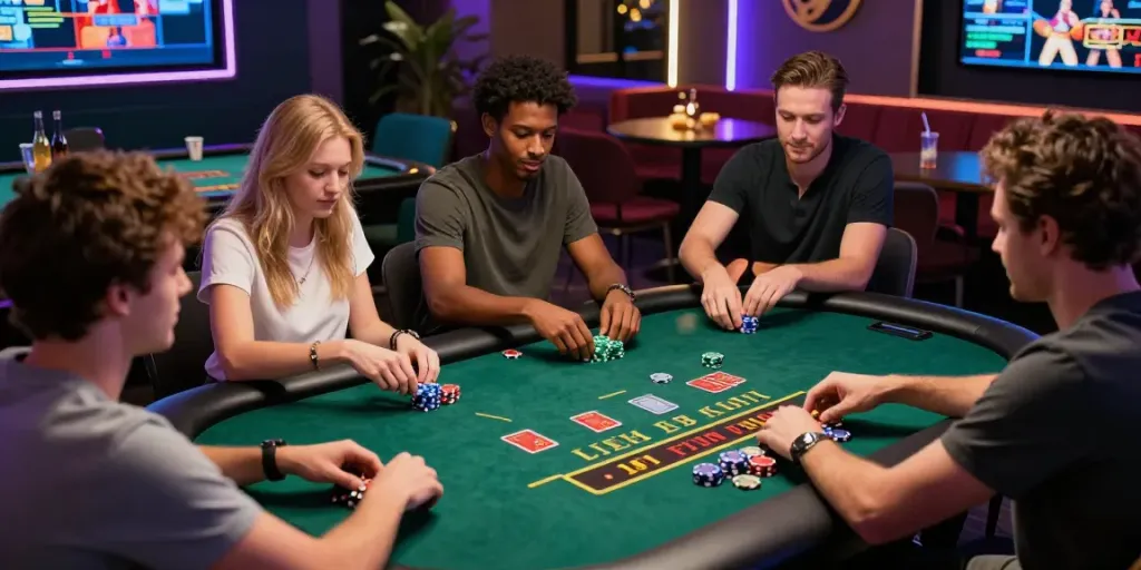 Exciting scene at Vegas88 online casino with friends enjoying a blackjack game amidst neon lights.