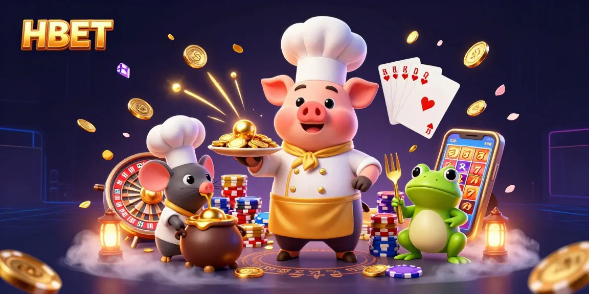 Engage with HBET as our chef pig serves gold coins amidst exciting casino elements, enhancing your gaming experience.