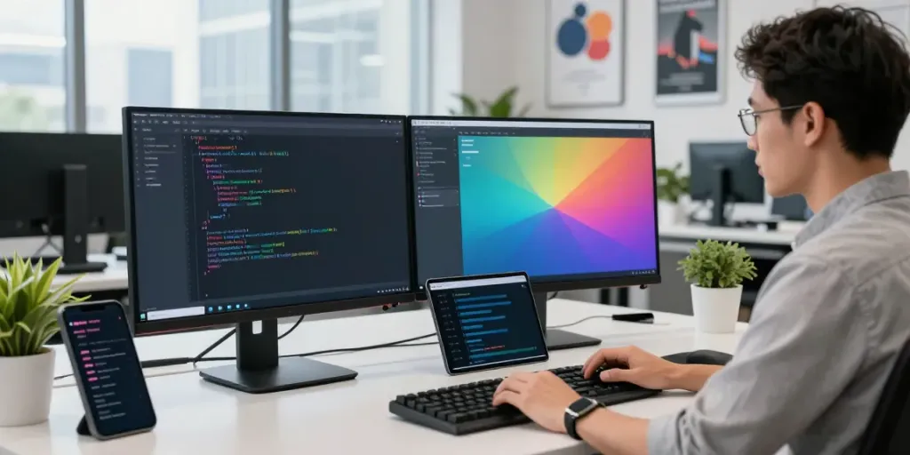 Developer coding an instant indexing tool in a modern tech office, showcasing productivity.