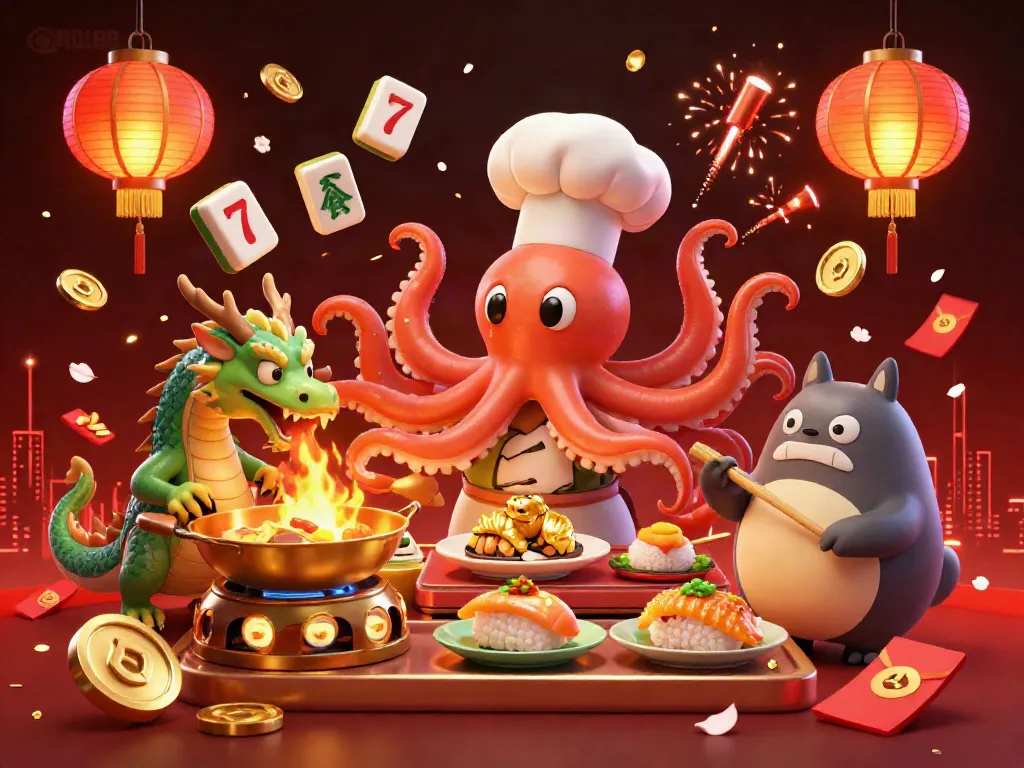 Experience the excitement of XO88 with a vibrant casino scene featuring an octopus chef, dragon, and tanuki.
