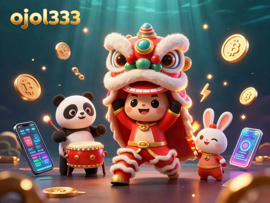 Engage in the vibrant ojol333 casino scene with a lion dance and crypto elements.