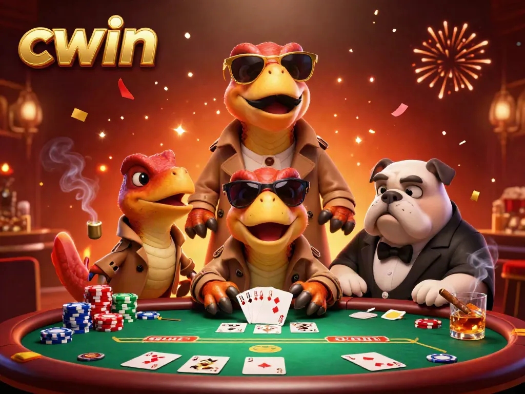 Engage in thrilling casino action at CWIN with playful raptors and vibrant poker elements.