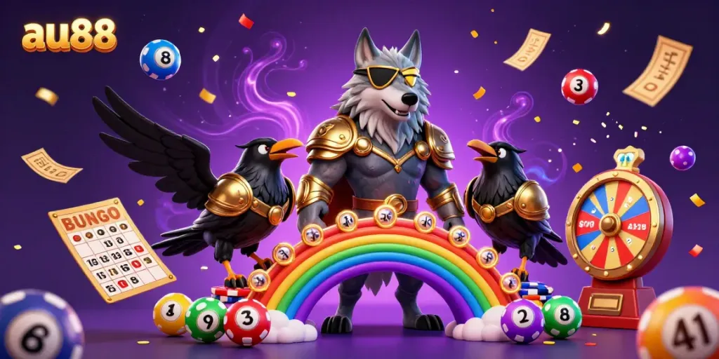 Engage with au88's dynamic gaming experience, featuring colorful lottery balls and golden characters amidst casino-themed wonders.