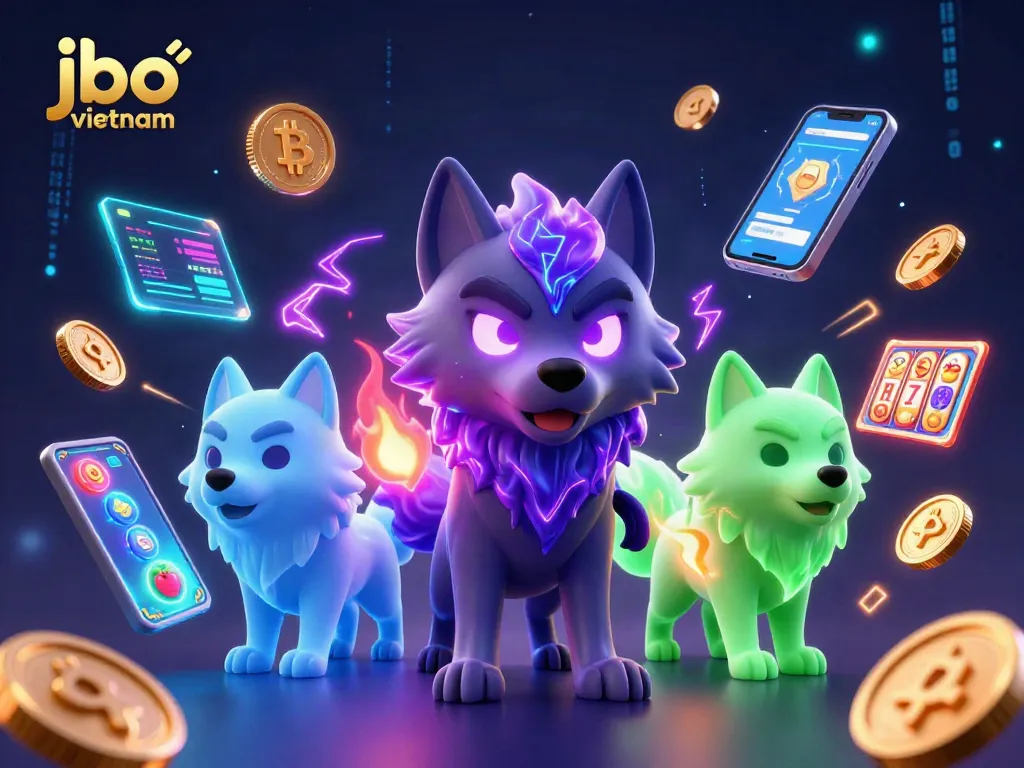 Engage with jbo vietnam in a vibrant 3D casino scene filled with slots and crypto elements.