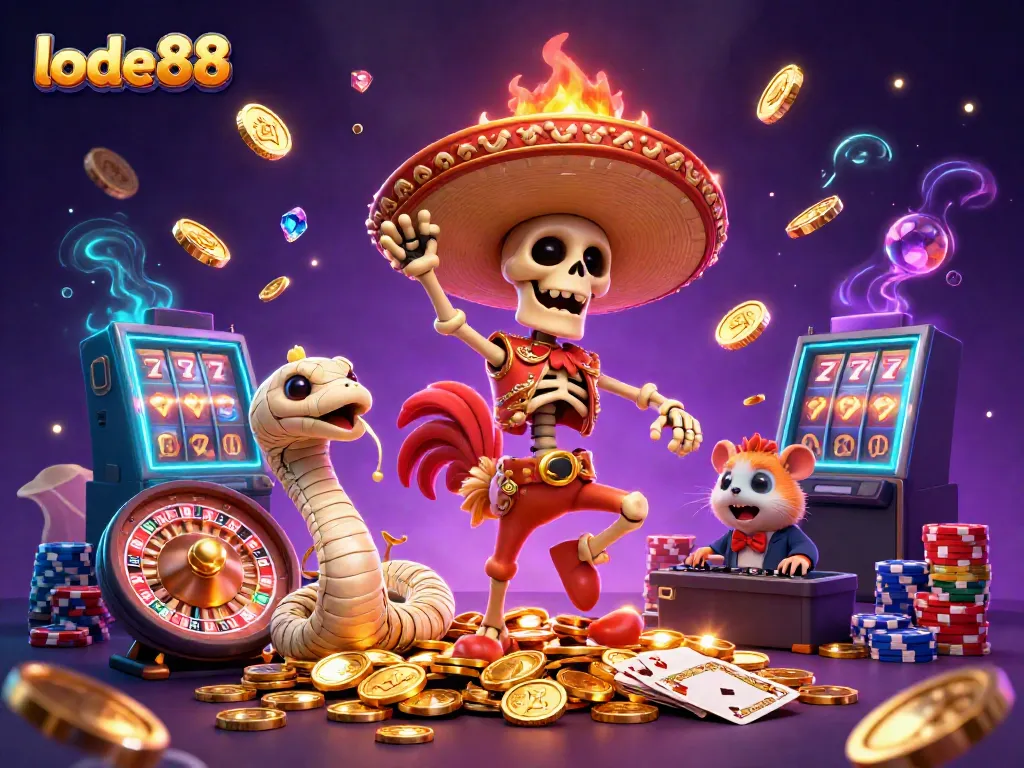 Experience the excitement of lode88 with vibrant casino elements featuring characters celebrating wins amidst gold coins and colorful poker chips.