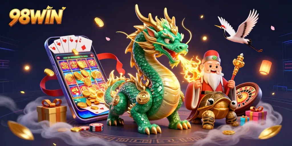 Engage with 98WIN's dynamic casino scene featuring a dragon, turtle sage, and vibrant game elements.