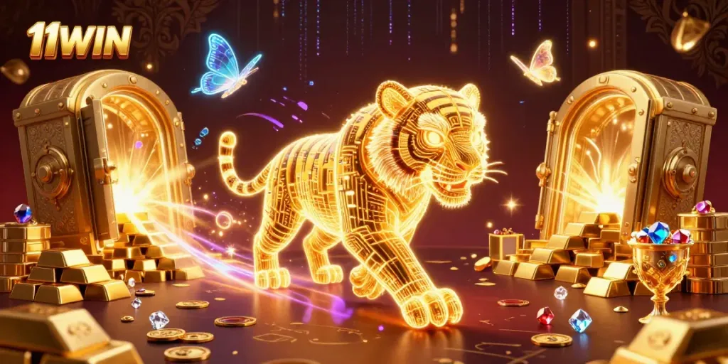 Experience thrilling gameplay with 11WIN, featuring a neon golden tiger in a vibrant casino.