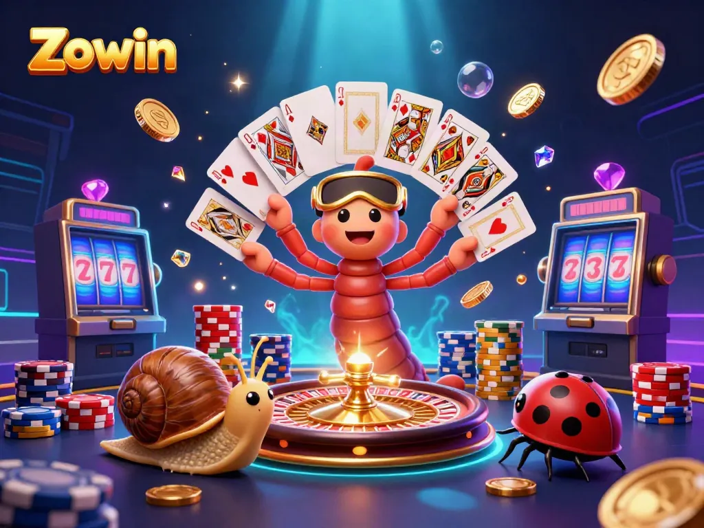 Zowin showcases a 3D cartoon millipede dealer and high-roller characters in a vibrant casino scene.
