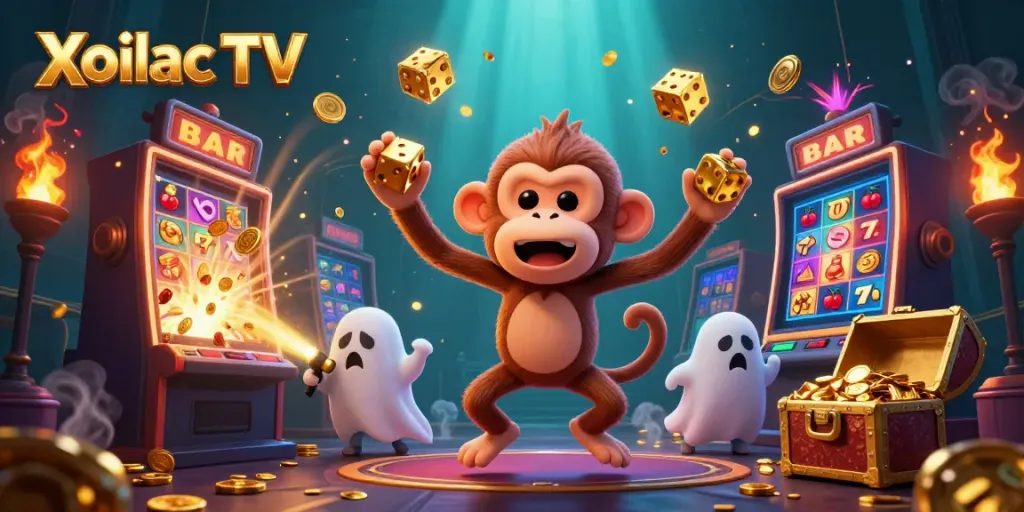 Xoilac TV showcases an explosive jackpot scene filled with golden coins, cheerful characters, and vibrant casino elements.