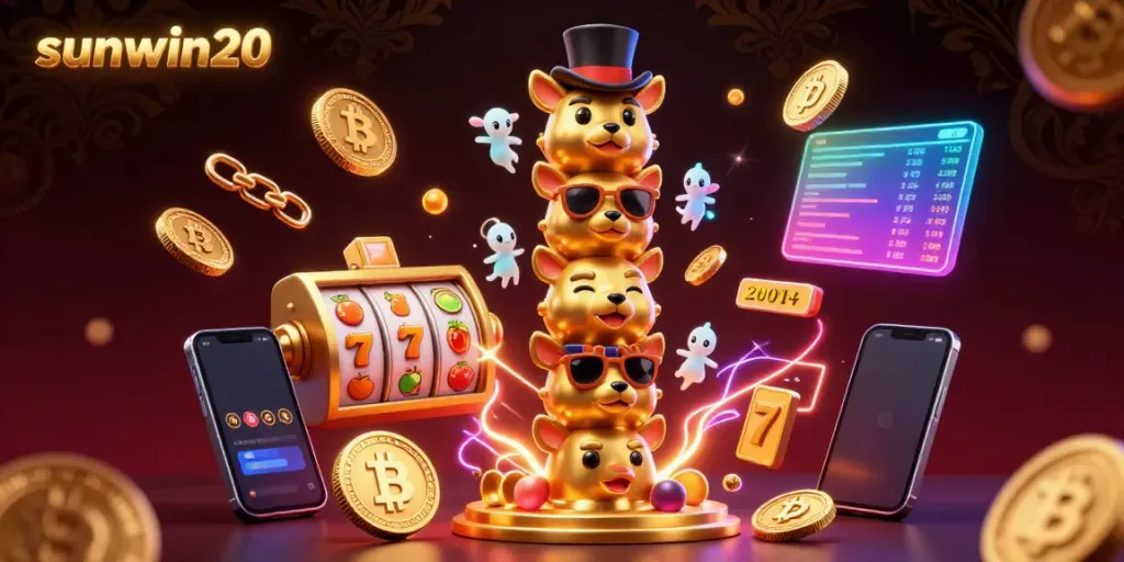 Engage with sunwin20 through an immersive casino illustration featuring vibrant totem characters and game elements.