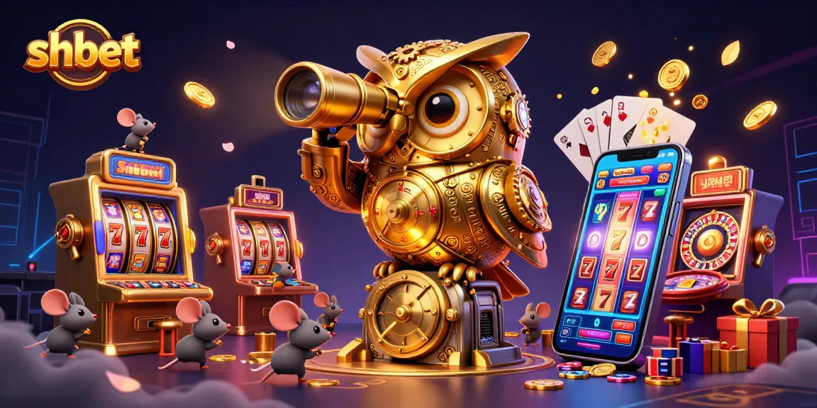 Spin the reels at shbet with a golden owl overseeing a lively online casino filled with excitement.