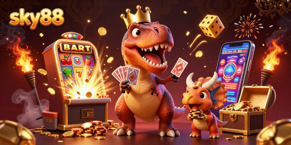 Experience exciting gameplay at sky88 with a whimsical T-Rex dealing cards and an explosion of colorful casino elements.