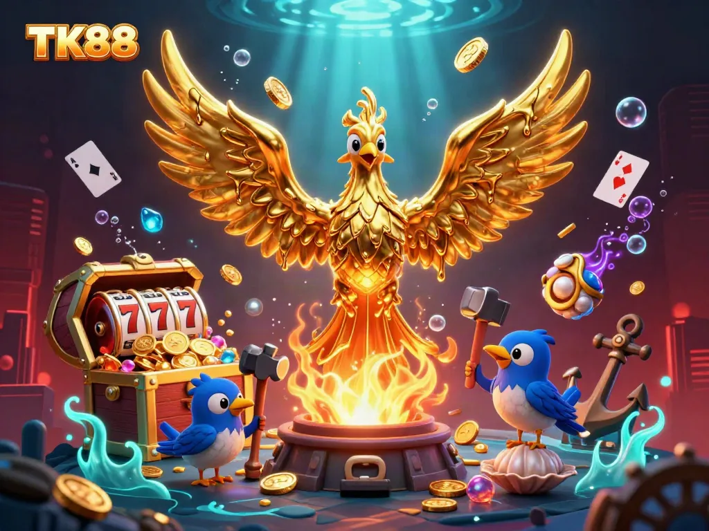 Experience excitement at TK88 with a golden phoenix and dynamic casino elements in this vibrant scene.