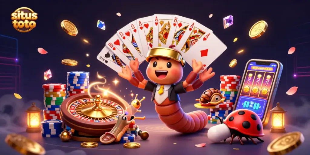 Situs toto casino excitement with a millipede dealer, high-roller snail, and dynamic gaming elements.