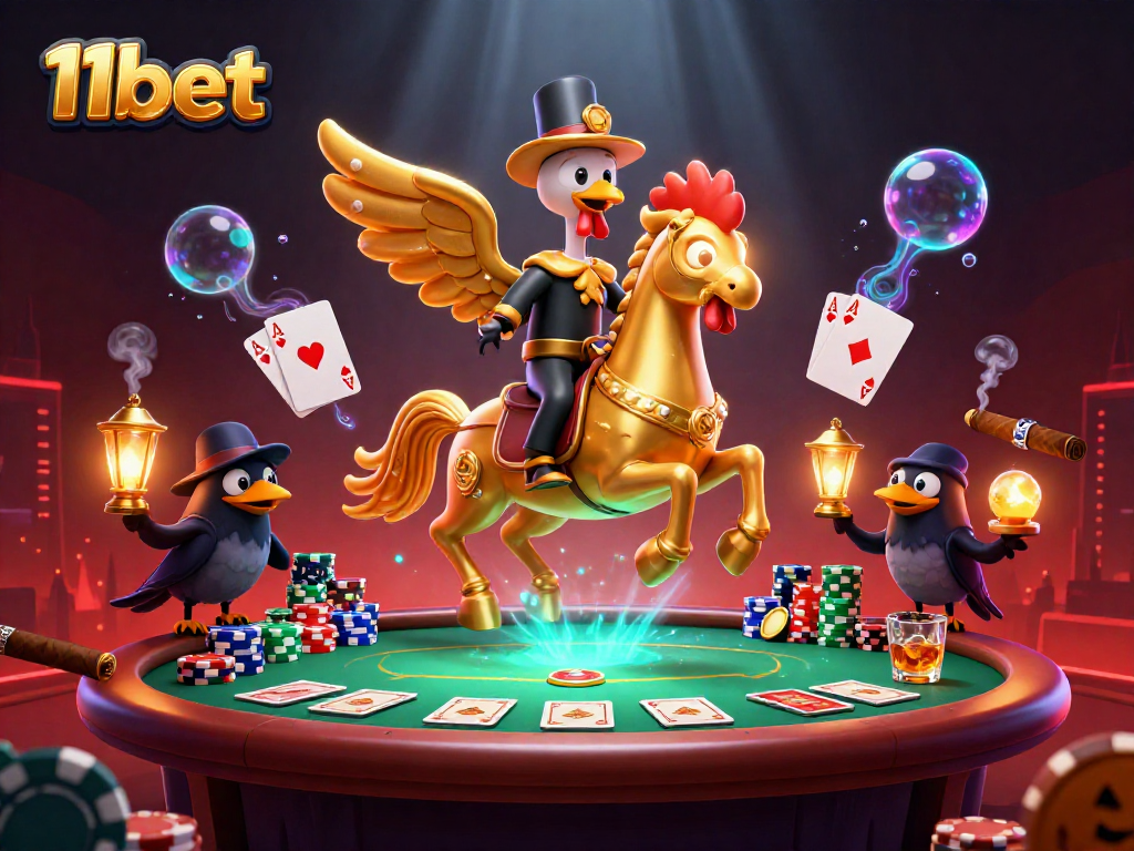 Engage with thrilling gaming at 11bet, showcasing a golden rooster and poker elements in a vibrant casino.