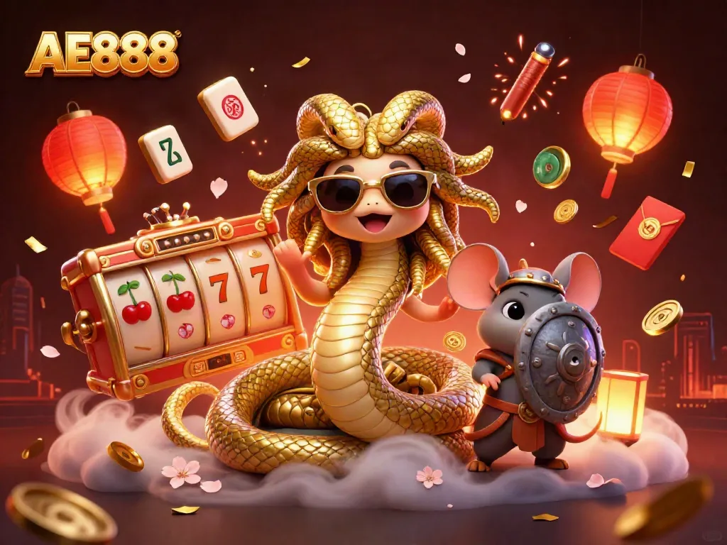Experience the vibrant AE888 casino adventure featuring Medusa and a warrior mouse among slot reels.