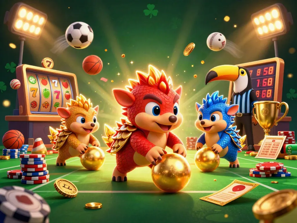 Engage in thrilling gameplay with luxury138 as rival pangolins compete amidst stacks of poker chips and golden trophies.