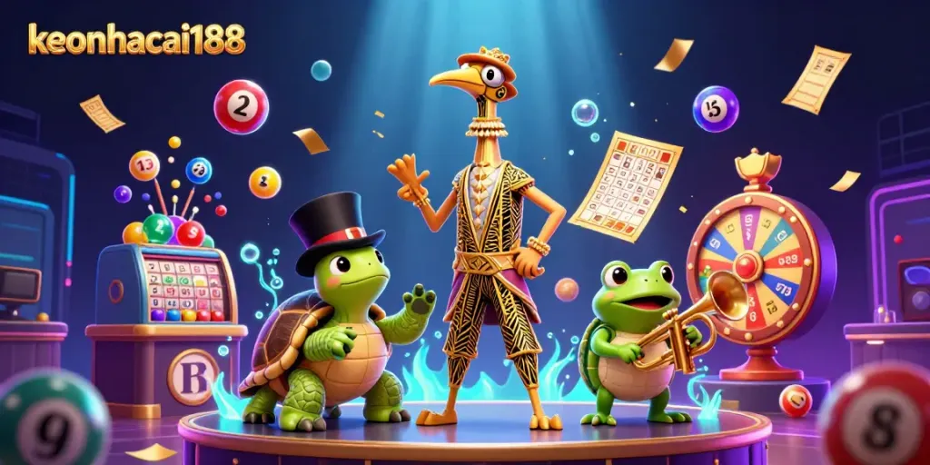 Engage with keonhacai188's thrilling casino scene featuring vibrant characters and colorful game elements.