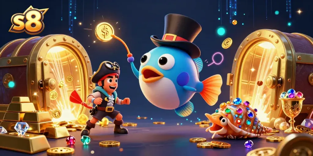 Experience the thrill of winning at S8 with dynamic casino gaming featuring animated characters and treasure.