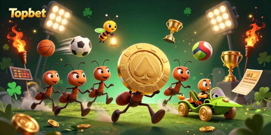 Topbet captures the excitement of an online gambling adventure with 3D ants carrying a massive poker chip.