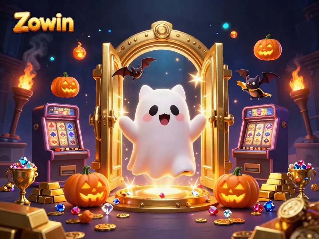 Experience thrilling adventures at Zowin with a ghost cat, bat, and glowing treasures in a haunted casino.