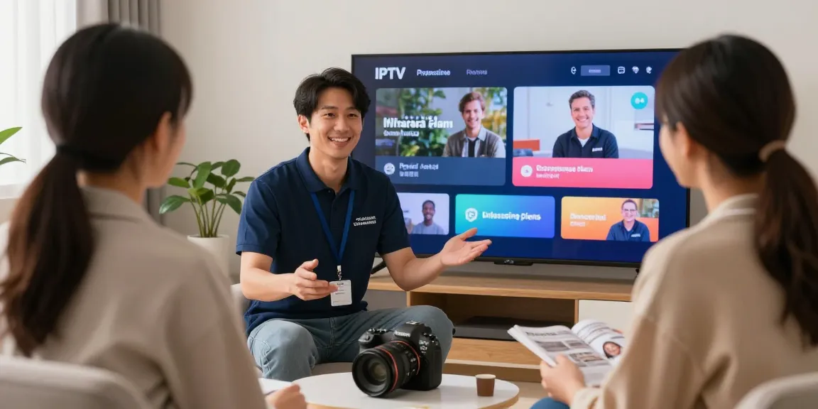 "Expert IPTV Services in a local setting, trusted provider reviewing plans with happy customers."