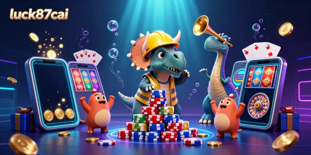 Engage in thrilling play at luck87cai with energetic characters building a poker chip pyramid.