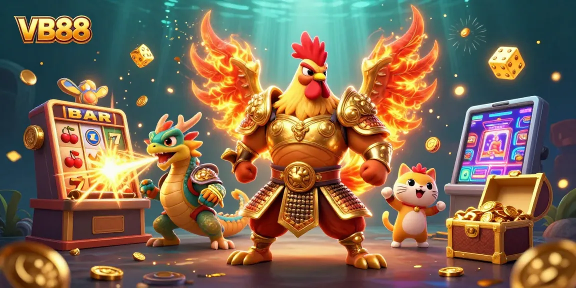 Experience the thrill of VB88 with a vibrant casino scene featuring a rooster warrior and a dragon hatchling.