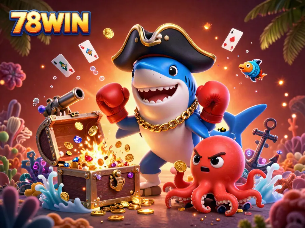 Engage with 78WIN's vibrant underwater casino world featuring a pirate shark, pufferfish, and octopus.