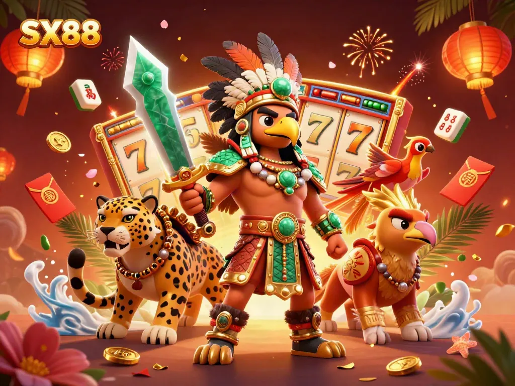 SX88 showcases vibrant casino atmosphere with warriors and jackpot elements for thrilling gaming.