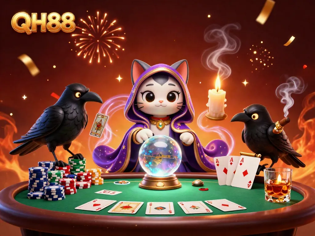 Experience the excitement of QH88 with a vibrant 3D casino illustration featuring mystical characters and dynamic game elements.