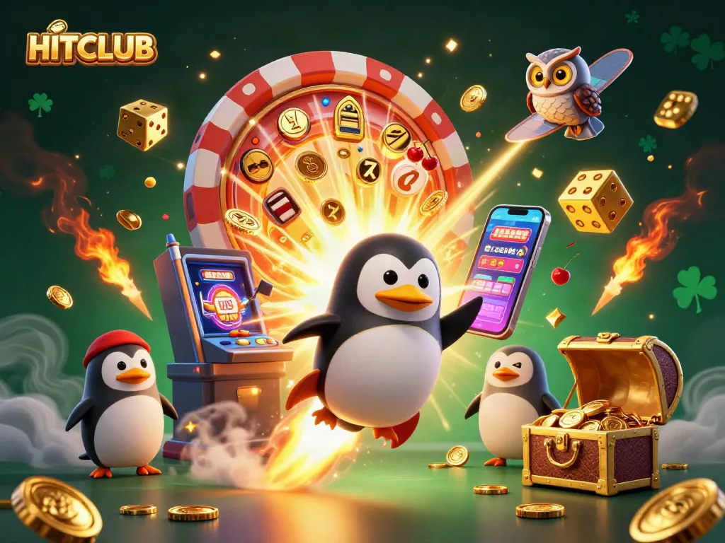 Experience the excitement of HITCLUB with a golden penguin soaring through a dynamic casino universe!